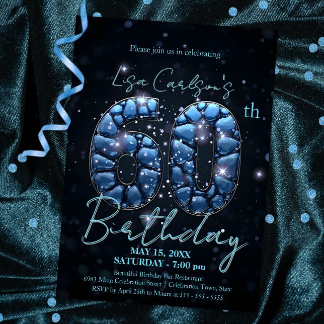 Convites Elegante Sapphire Blue e Black 60th Birthday (Criador carregado)