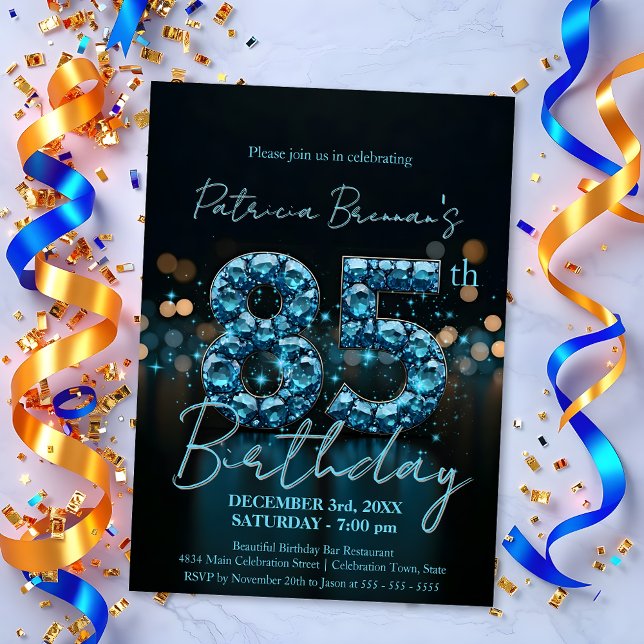 Convites Elegante Sapphire Blue e Black 85º aniversário (Criador carregado)