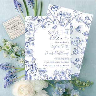 Convites Elegante Save the Date em Azul e Branco com Chinoi