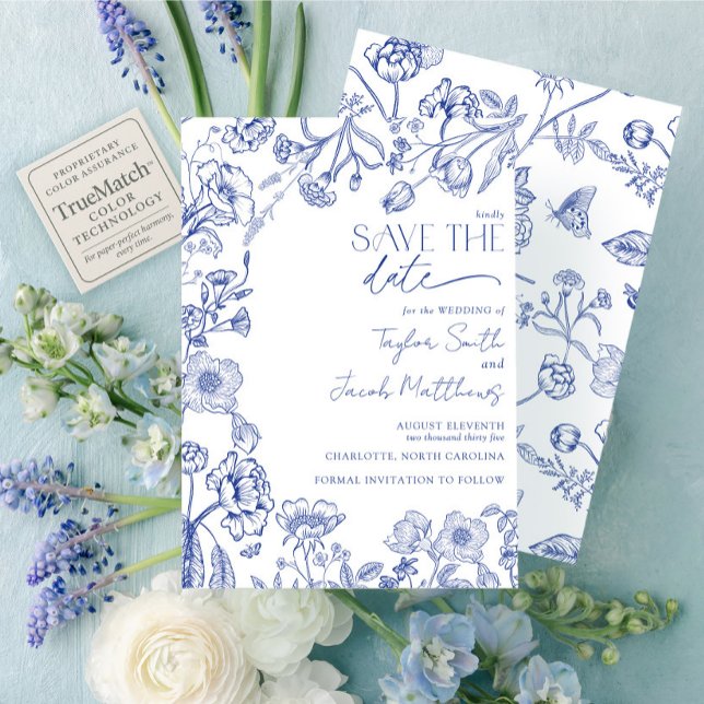 Convites Elegante Save the Date em Azul e Branco com Chinoi (Criador carregado)