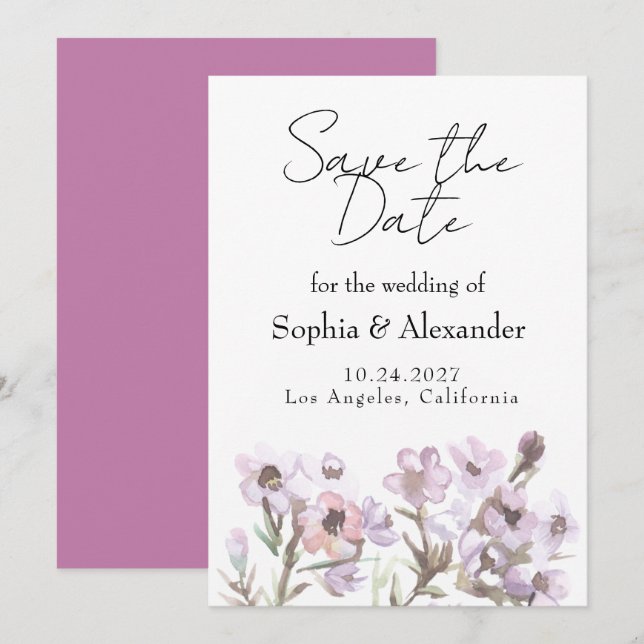 Convites Elegante Save the Date - Floral Aquarela Roxo (Frente/Verso)