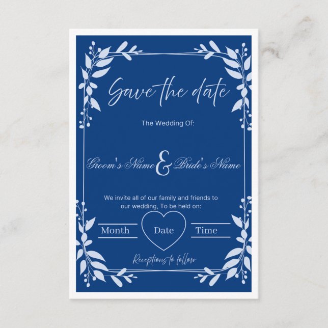 Convites Elegante "Save the Date" Floral Azul e Branco (Frente)