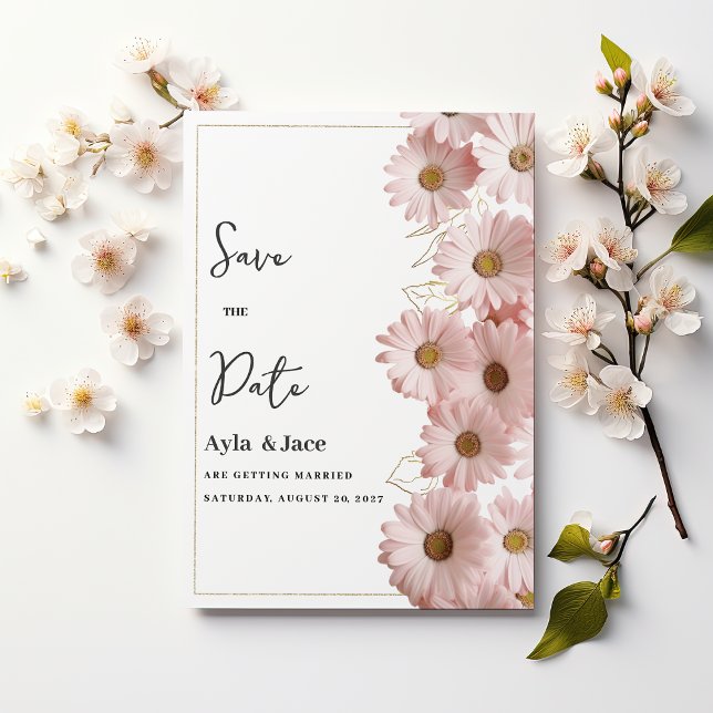 Convites Elegante Save the Date floral de margarida rosa do (Elegant blush pink gold daisy floral Save the Date)