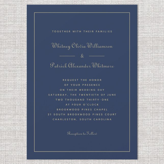 Convites Elegante Script Azul Marinho Dourado Formal Chic C (Elegant Script Navy Blue Gold Formal Chic Weddings Invitation)