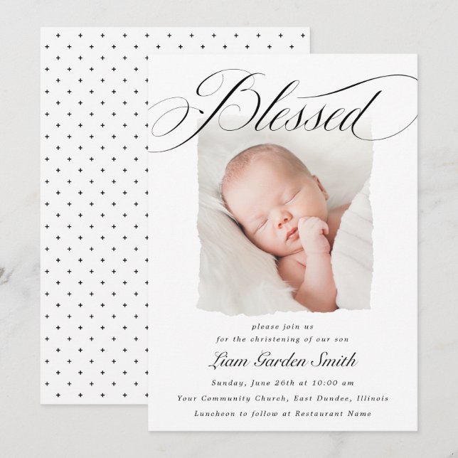 Convites Elegante Script Bendito Christening Baptism Foto I (Frente/Verso)