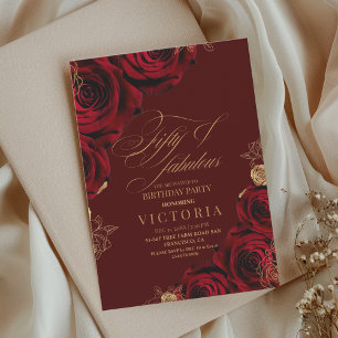 Convites Elegante Script Bordeaux Rosa Dourada 50º Aniversá