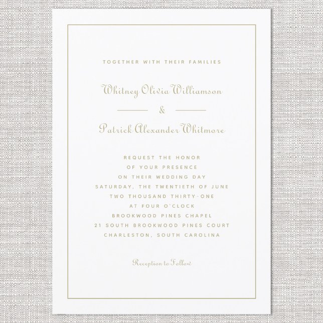 Convites Elegante Script Caligrafia Ouro Branco Casamentos  (Elegant Script Classic White Gold Formal Weddings Invitation)