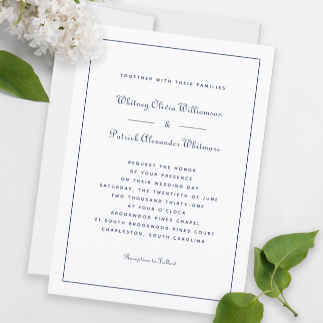 Convites Elegante Script Clássico Azul Marinho Branco Casam (Criador carregado)