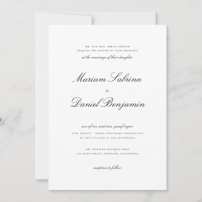 Convites Elegante Script de Caligrafia Preto e Branco Casam (Frente)