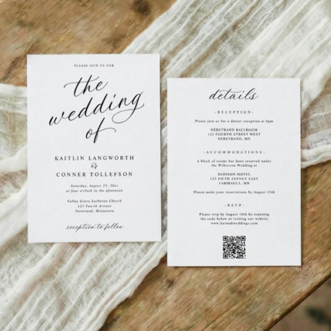 Convites Elegante Script de Caligrafia Tudo em Um Casamento (Modern black and white wedding invitations with elegant calligraphy and classic script)