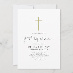 Convites Elegante Script Dourado Cruz Primeira Comunhão San