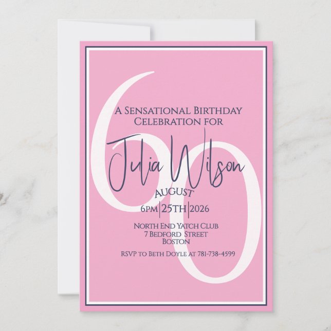 Convites Elegante Script em Camadas Rosa Aniversário de 60  (Frente)