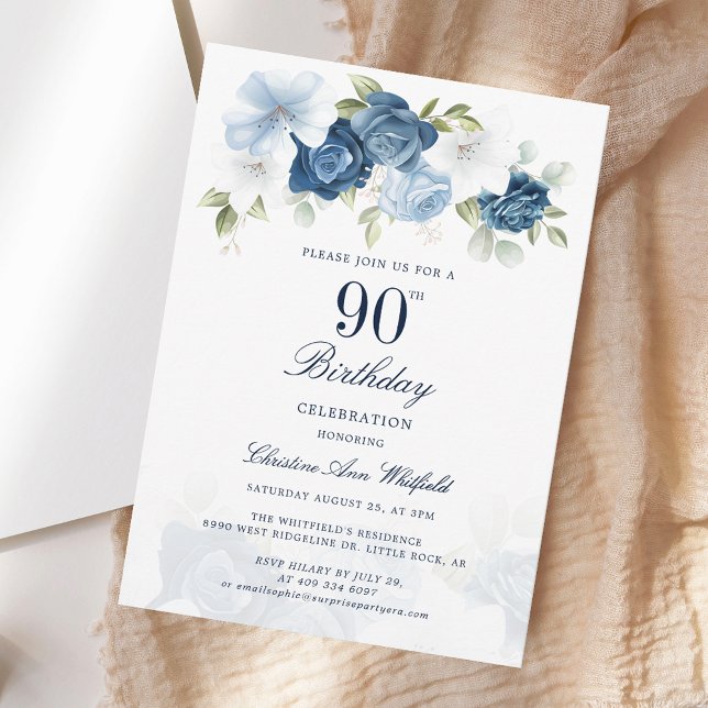 Convites Elegante Script Floral 90 Birthday (Elegant Script Floral 90th Birthday Invitation)