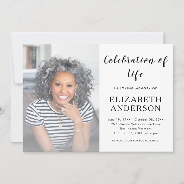 Convites Elegante Script Funeral Foto Celebração da Vida (Frente)