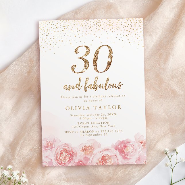 Convites Elegante script gold & blush aniversário de 30 ano (Elegant script gold & blush floral 30th birthday invitation)