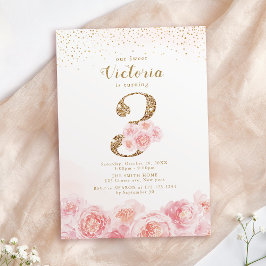 Convites Elegante script gold & blush aniversário de 3 anos