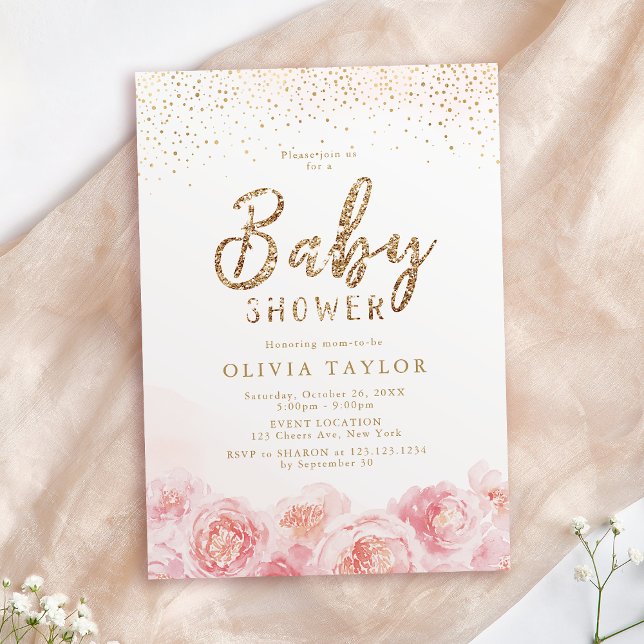 Convites Elegante script gold & blush chá de fraldas floral (Elegant script gold & blush floral baby shower invitation)