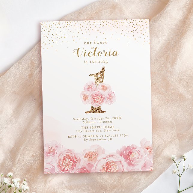 Convites Elegante script gold & blush primeiro aniversario  (Elegant script gold & blush floral 1st birthday invitation)