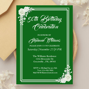 Convites Elegante Script Green White Rose 50th Birthday