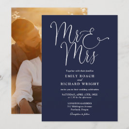 Convites Elegante Script Mr e Mrs Foto Azul Marinho Casamen