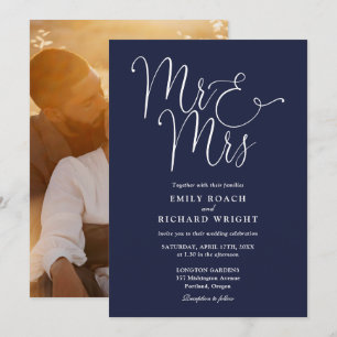 Convites Elegante Script Mr e Mrs Foto Azul Marinho Casamen