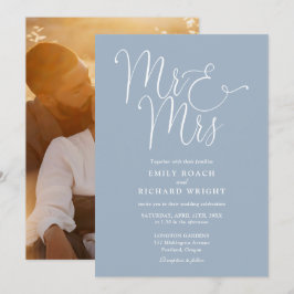 Convites Elegante Script Mr e Mrs Foto Casamento Azul Poeir