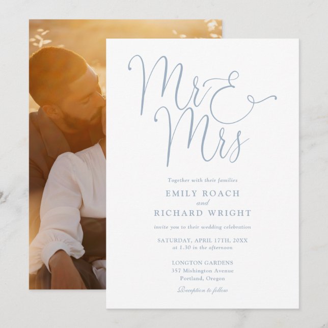 Convites Elegante Script Mr e Mrs Foto Casamento Azul Poeir (Frente/Verso)