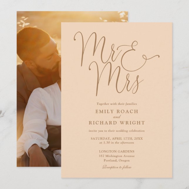 Convites Elegante Script Mr e Mrs Foto Soft Peach Casamento (Frente/Verso)