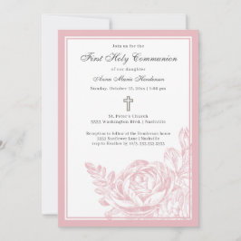 Convites Elegante Script Rosa Floral Primeira Comunhão Sagr