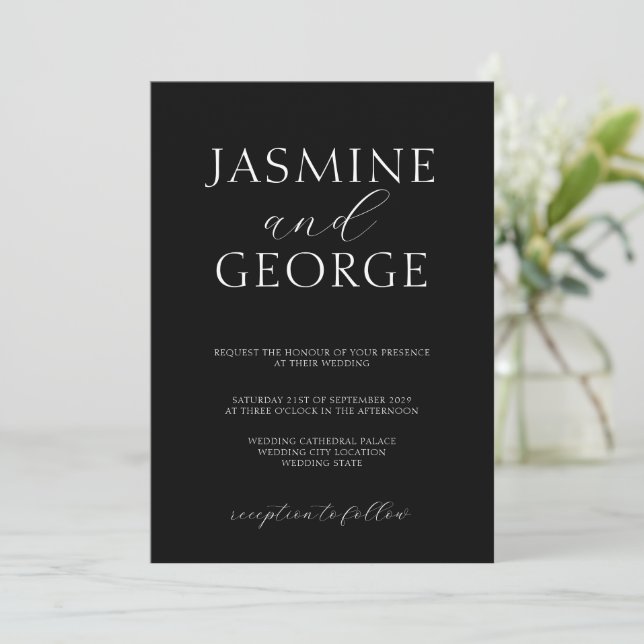 Convites Elegante Script Simples Moderno Casamento Preto (Em pé/Frente)