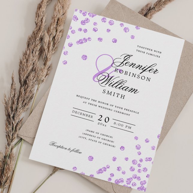 Convites Elegante Script Weding Purple Confetti QR RSVP (Elegant Script Wedding Purple Confetti QR RSVP Invitation)