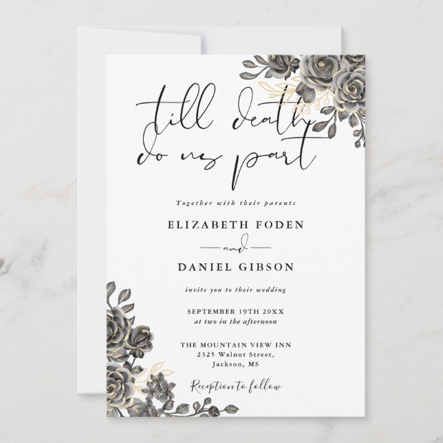 Convites Elegante Scripta Rosa Floral Casamento Gótico (Frente)