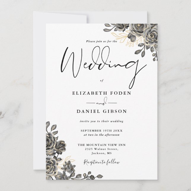 Convites Elegante Scripta Rosa Floral Casamento Gótico (Frente)