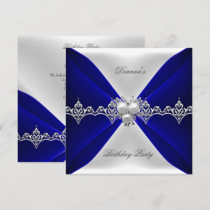 Convites Elegante Seda Branca Joia de Aniversário Azul Real