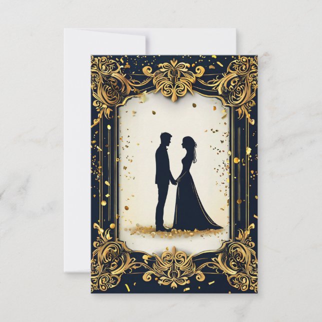 Convites Elegante Silhueta de Casamento com Moldura Dourada (Frente)