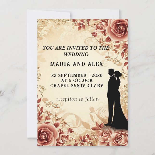 Convites Elegante Silhueta de Casamento em Meio a Desenho F (Frente)