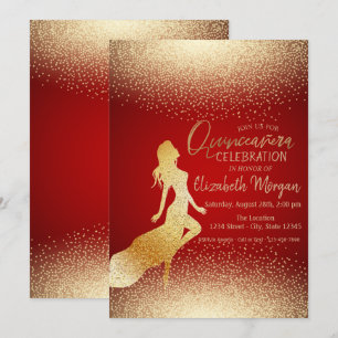 Convites Elegante Silhueta de Menina Dourada,Confetes Quinc