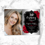 Convites Elegante Silver Black Rosa vermelha Foto 50th Birt<br><div class="desc">Elegante convite floral feminino para o 50º aniversário com sua foto. Glam design com falso prata. Apresenta rosa vermelha, fonte de script e confetti. Perfeito para uma festa de comemoração de na moda adulto. Personalize com seus próprios detalhes. Pode ser personalizado para qualquer idade! Impressos convites Zazzle ou modelo de...</div>