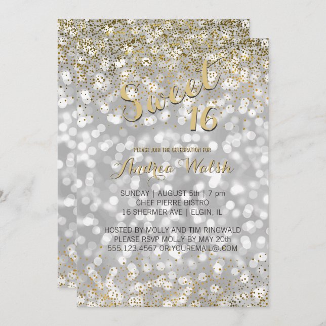 Convites Elegante Silver Bokeh Luzes Douradas Confetti Swee (Frente/Verso)