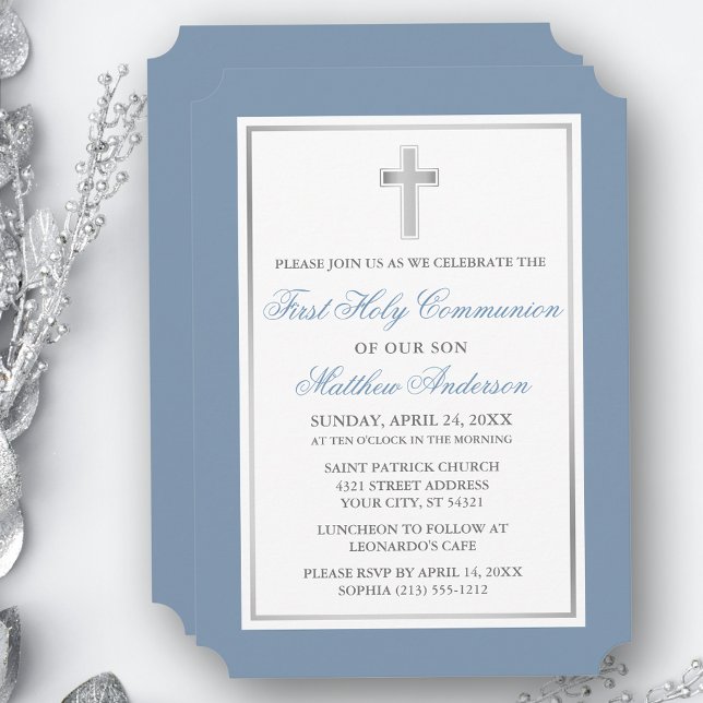 Convites Elegante Silver Cross Dusty Blue Primeira Comunhão (Customize to change text size, style, color or to add more text or photos to back of card.)