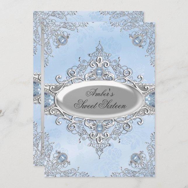 Convites Elegante Silver Damask & Blue Jewel Sweet 16 (Frente/Verso)