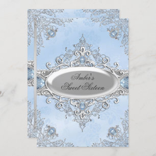 Convites Elegante Silver Damask & Blue Jewel Sweet 16