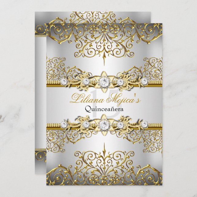 Convites Elegante Silver Dourado Glamor Quinceanera (Frente/Verso)