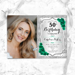 Convites Elegante Silver Emerald Green Foto 50º aniversário<br><div class="desc">Elegante convite floral feminino para o 50º aniversário com sua foto. Design com falso brilho de prata. Apresenta faixas, rosas verdes esmeraldas, fonte de script e confetti. Perfeito para uma festa de comemoração de na moda adulto. Personalize com seus próprios detalhes. Pode ser personalizado para qualquer idade! Impressos convites Zazzle...</div>