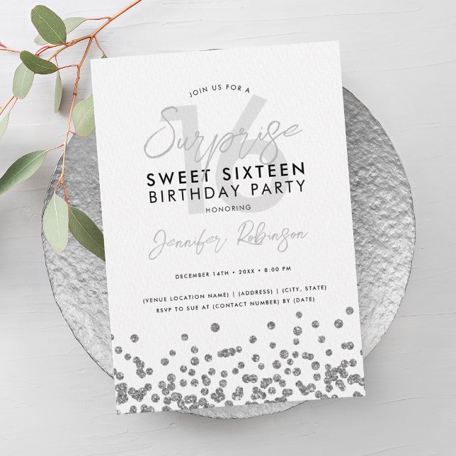 Convites Elegante Silver Glitter Confetti Surpresa Sweet 16 (Elegant Silver Glitter Confetti Surprise Sweet 16 Invitation)