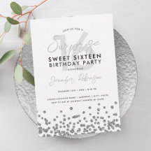 Elegante Silver Glitter Confetti Surpresa Sweet 16