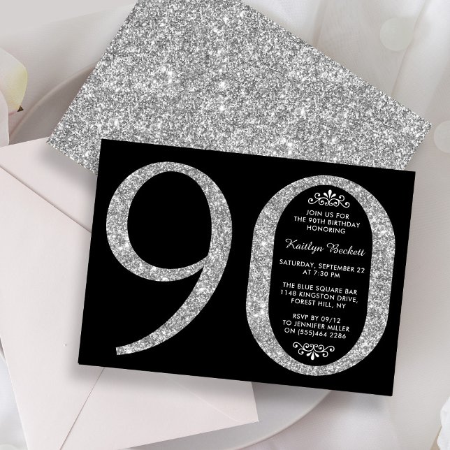 Convites Elegante Silver Glitter Typografia 90 Birthday (Criador carregado)