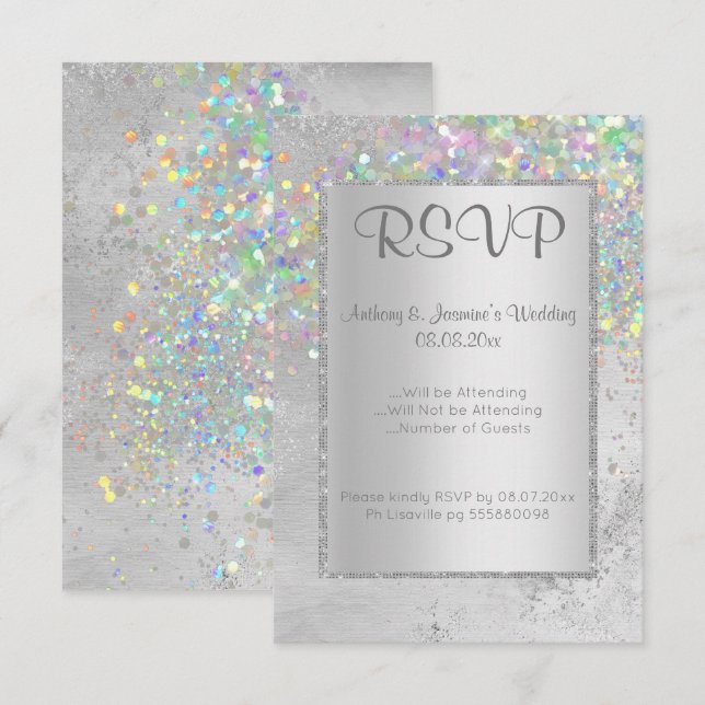 CONVITES ELEGANTE SILVER MARBLE HOLOGRAPHIC RSVP (Frente/Verso)