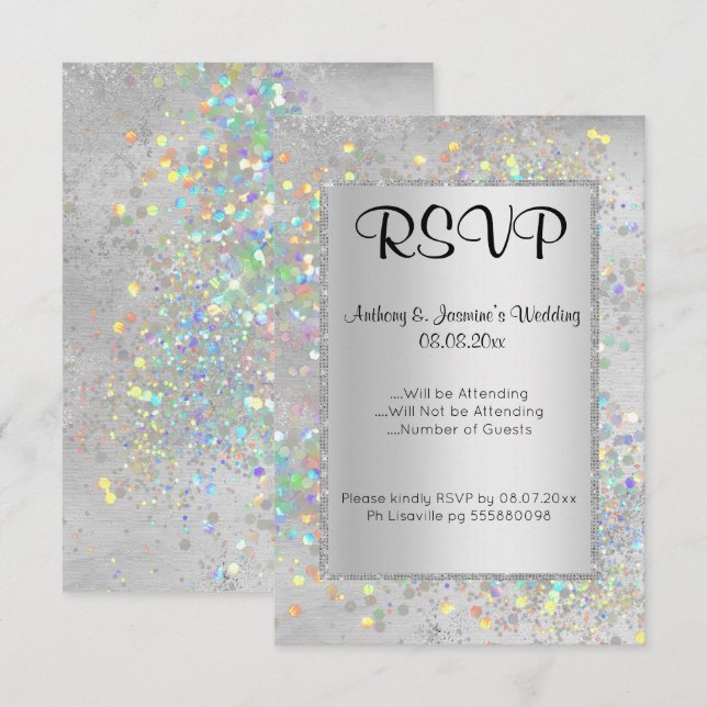 CONVITES ELEGANTE SILVER MARBLE HOLOGRAPHIC RSVP (Frente/Verso)
