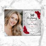 Convites Elegante Silver Rosa vermelha Foto 50º Aniversário<br><div class="desc">Elegante convite floral feminino para o 50º aniversário com sua foto. Design com falso brilho de prata. Recursos stripes, rosa vermelha, fonte de script e confetti. Perfeito para uma festa de comemoração de na moda adulto. Personalize com seus próprios detalhes. Pode ser personalizado para qualquer idade! Impressos convites Zazzle ou...</div>